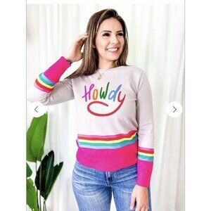WHY Dress Long Sleeve Howdy Graphic Sweater Gray Rainbow Detail XXL New